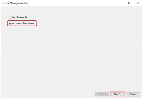 Cuando aparezca la ventana License Management Tool (Herramienta de administración de licencias), seleccione el botón Activate/Desactivate (Activar/Desactivar) y haga clic en el botón Next (Siguiente).