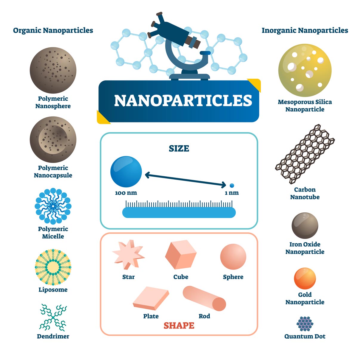 Exemples de nanoparticules organiques et inorganiques, avec leur taille, leur forme et les matériaux qui les composent