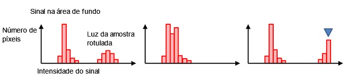 Figura 7 — Um histograma na exposição normal (esquerda), sob exposição (meio), e superexposição com saturação no marcador azul (direita).